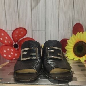 Fendi Black Leather Slide Sandals with Silver Buckle